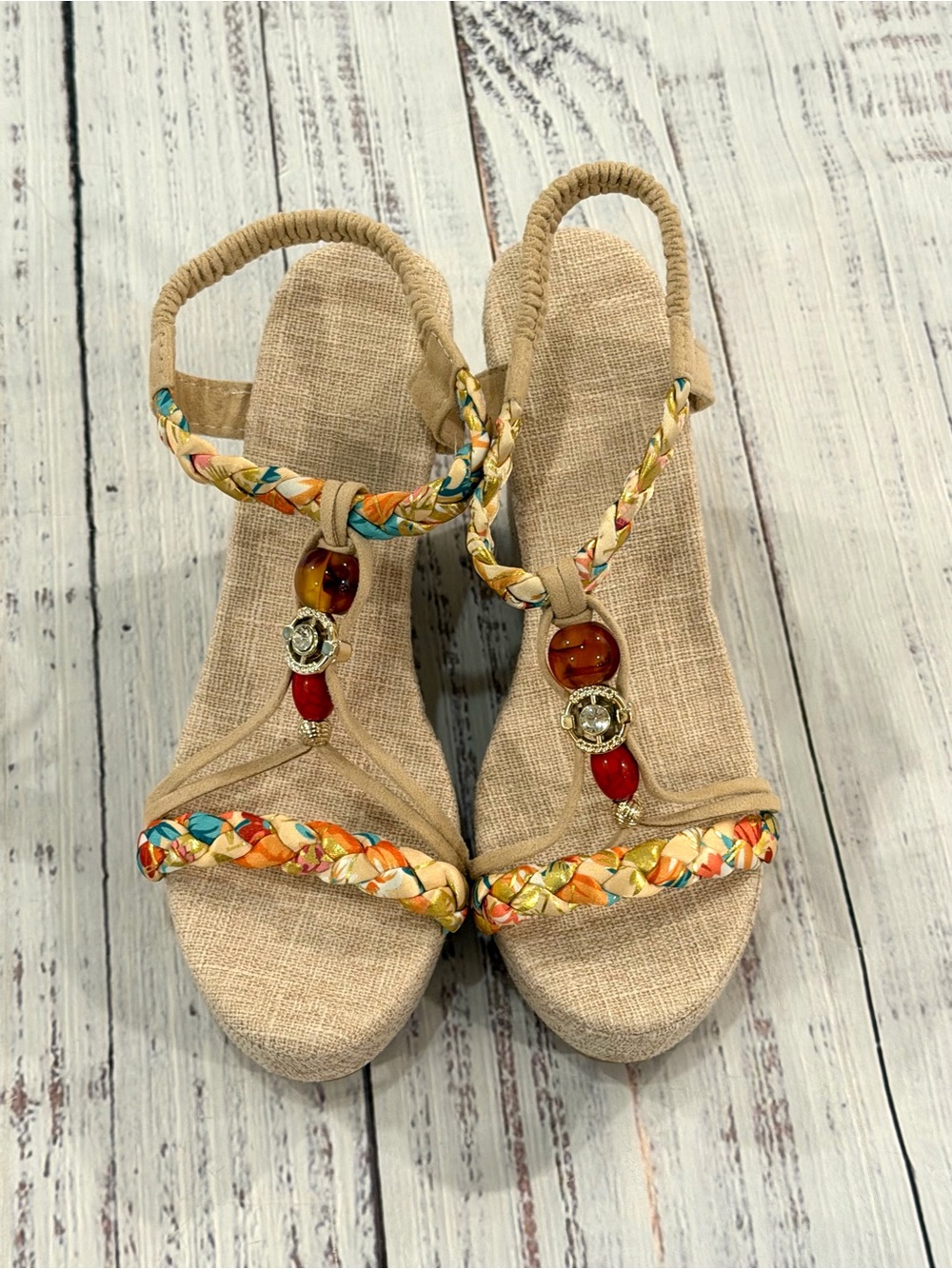 Blissful Step Bohemian Wedge Sandals Beaded Beige Slingback Women's Size  40